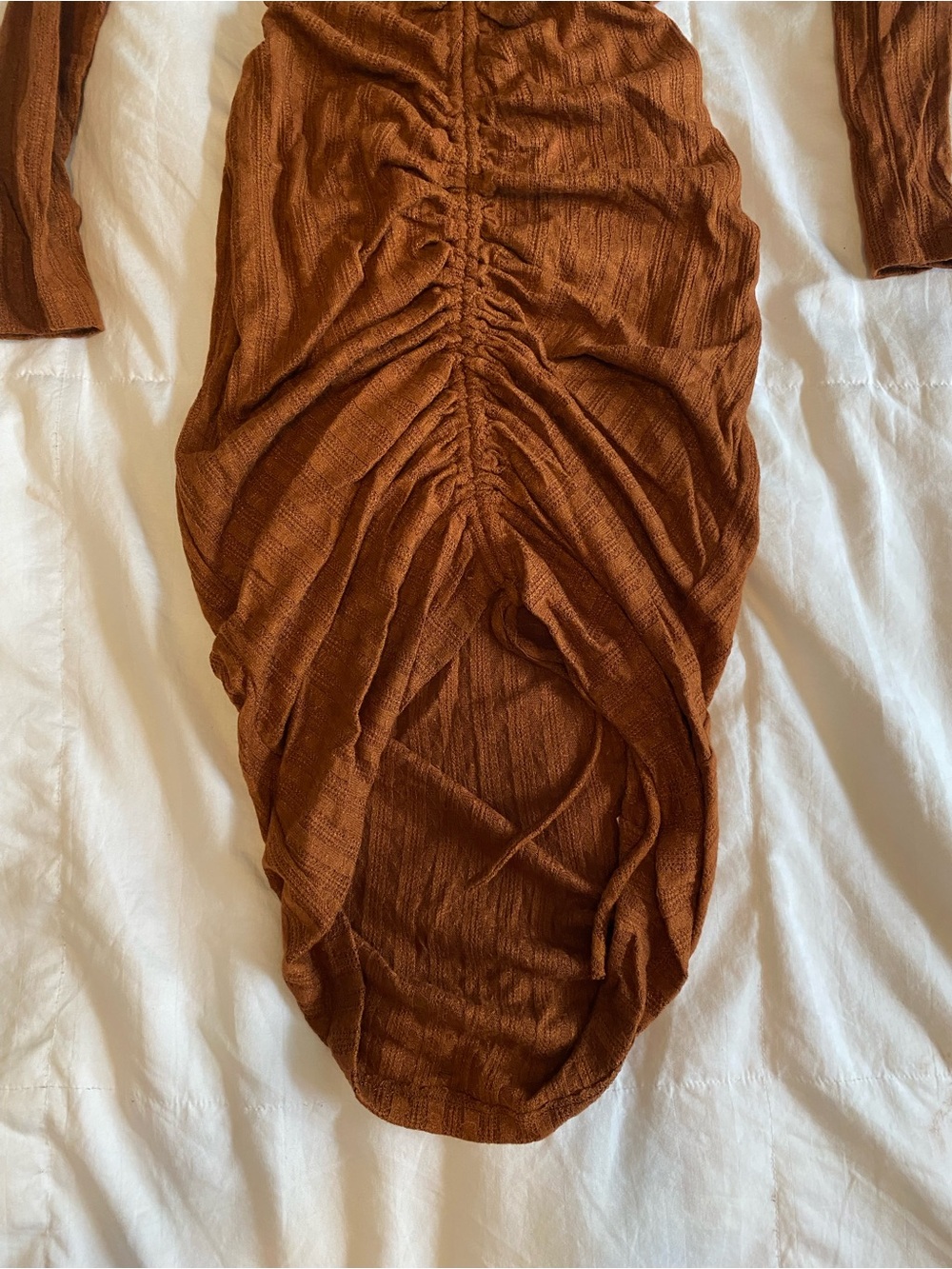 Rust Ruched Long-Sleeve V-Neck Dress - Picture 5 of 6